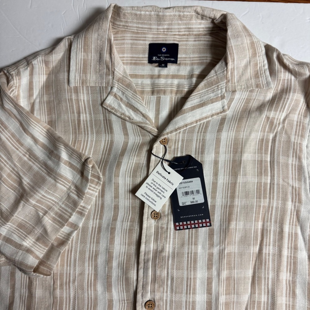 Ben Sherman Mens Shirt Medium White Striped‎ Short Sleeve Button Up